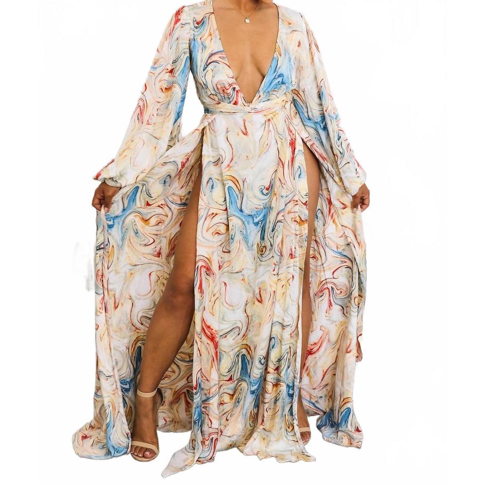 NEW SURELYMINE marble swirl kimono maxi dress with slits boho resort style in mu - Picture 8 of 10
